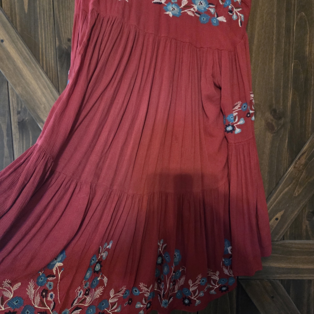 Free People Red Blouse with Blue Floral Design
